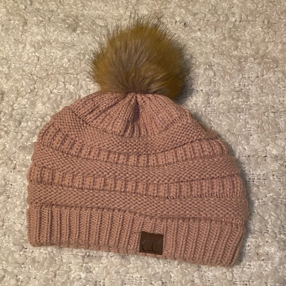 blush pink knit pom pom beanie winter hat